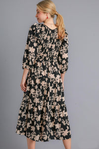 Umgee Floral Print Tiered Midi Dress with Smocked Top in Black Mix Dresses Umgee   