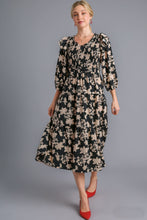 Load image into Gallery viewer, Umgee Floral Print Tiered Midi Dress with Smocked Top in Black Mix Dresses Umgee   
