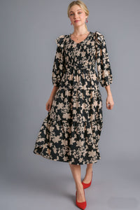 Umgee Floral Print Tiered Midi Dress with Smocked Top in Black Mix Dresses Umgee   