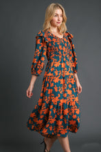 Load image into Gallery viewer, Umgee Floral Print Tiered Midi Dress with Smocked Top in Teal Mix Dresses Umgee   
