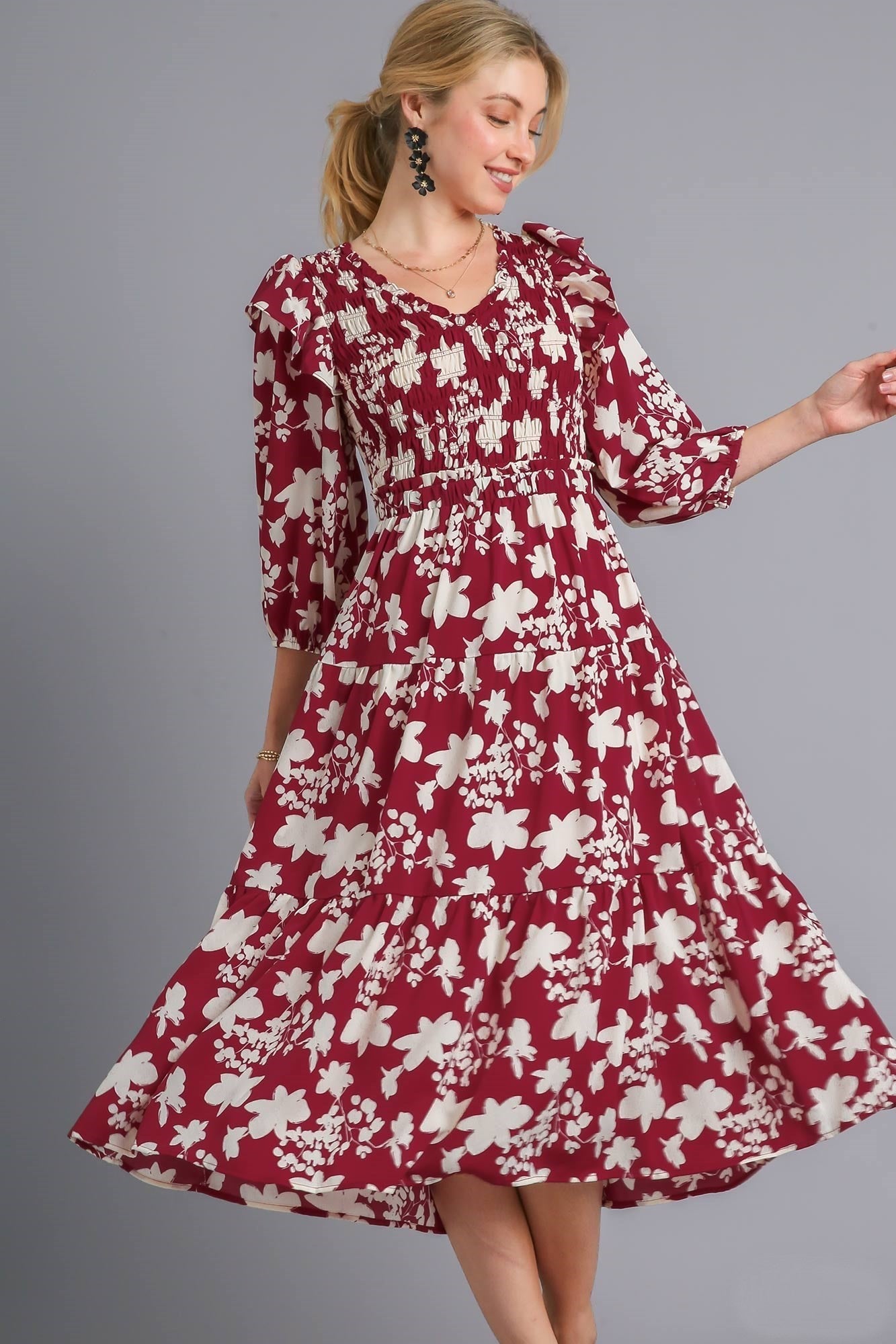 Umgee Floral Print Tiered Midi Dress With Smocked Top In Wine Mix ...