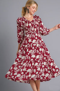 Umgee Floral Print Tiered Midi Dress with Smocked Top in Wine Mix Dresses Umgee   