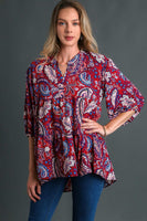 Umgee Paisley Print Babydoll Top in Wine Mix Shirts & Tops Umgee   