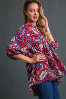 Umgee Paisley Print Babydoll Top in Wine Mix Shirts & Tops Umgee   