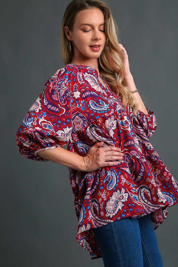 Umgee Paisley Print Babydoll Top in Wine Mix Shirts & Tops Umgee   