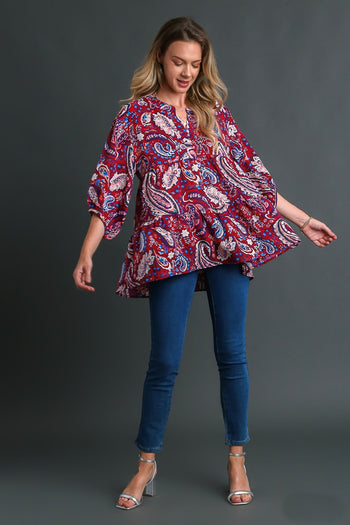 Umgee Paisley Print Babydoll Top in Wine Mix Shirts & Tops Umgee   