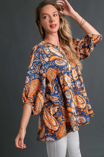 Umgee Paisley Print Babydoll Top in Teal Mix Shirts & Tops Umgee   