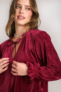 Umgee Velvet BabyDoll Top in Red Shirts & Tops Umgee   