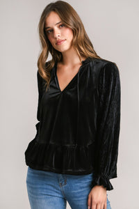 Umgee Velvet BabyDoll Top in Black Shirts & Tops Umgee   