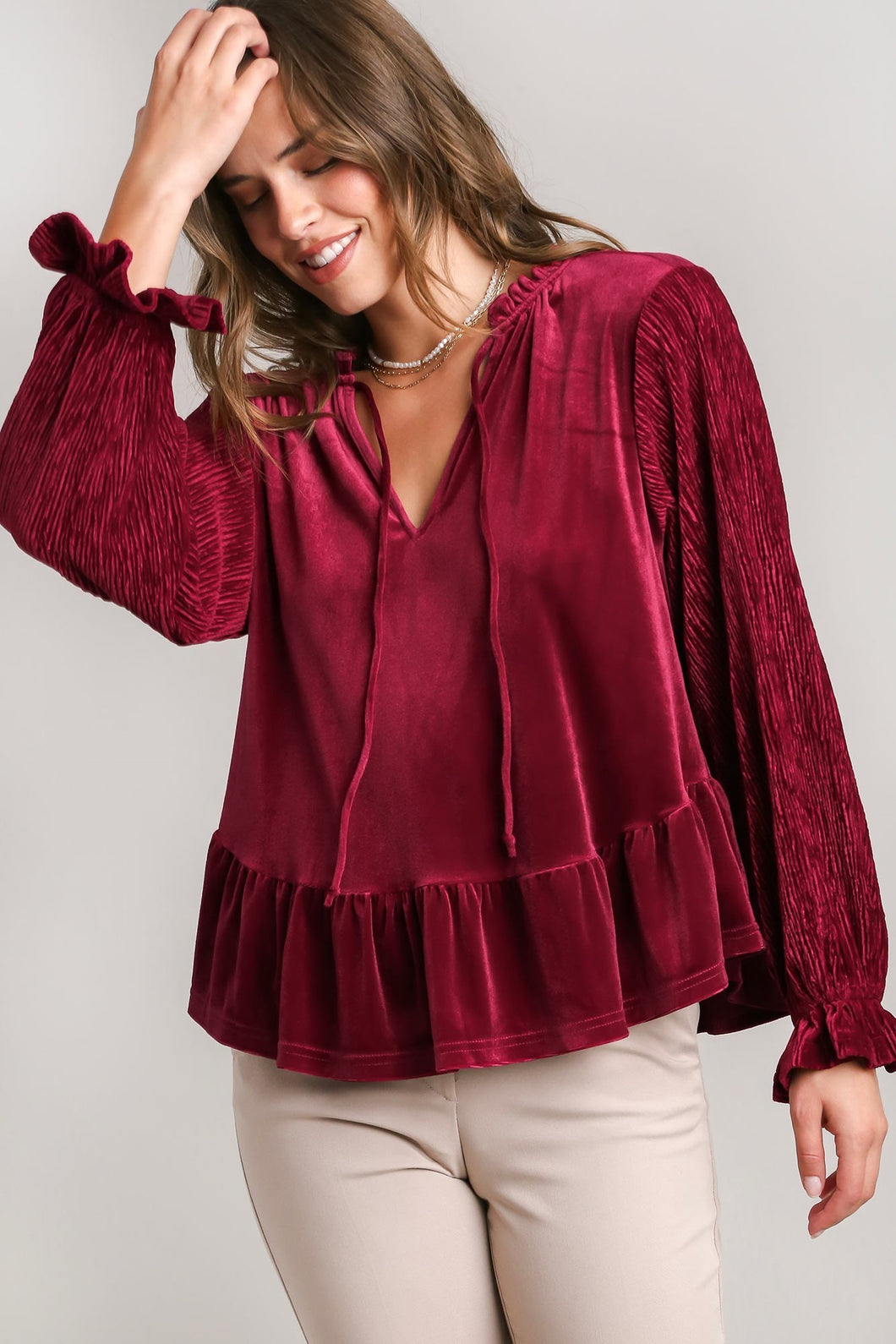 Umgee Velvet BabyDoll Top in Red Shirts & Tops Umgee   