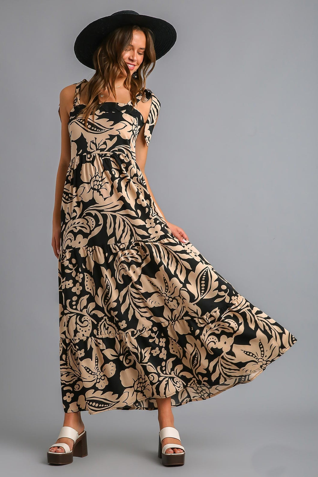 Umgee Tiered Maxi with Tie Sleeves in Black Mix  Umgee   