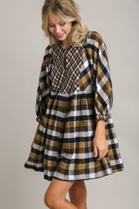 Umgee Contrasting Plaid BabyDoll Dress in Brown Mix Dress Umgee   