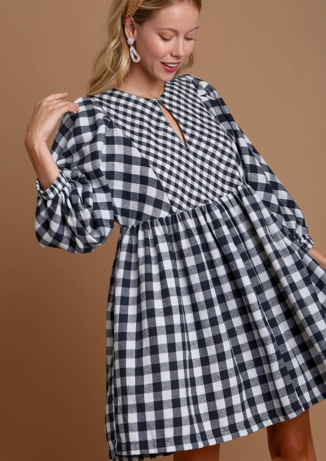 Umgee Contrasting Plaid BabyDoll Dress in Navy Mix Dress Umgee   