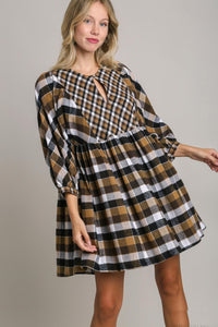 Umgee Contrasting Plaid BabyDoll Dress in Brown Mix Dress Umgee   