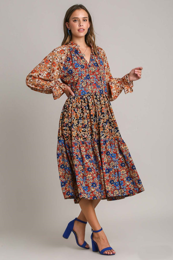 Umgee Mixed Floral Print Midi Dress in Brick Mix Dresses Umgee   