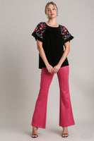 Umgee Velvet Top with Embroidery Sleeves in Black Shirts & Tops Umgee   