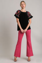 Load image into Gallery viewer, Umgee Velvet Top with Embroidery Sleeves in Black Shirts &amp; Tops Umgee   
