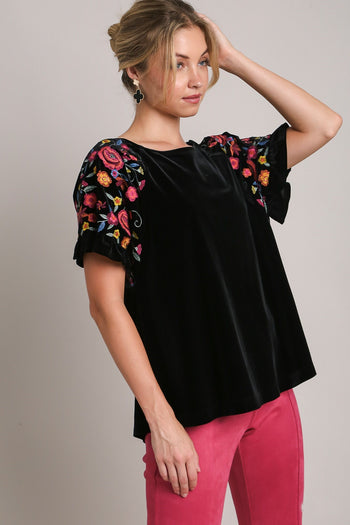 Umgee Velvet Top with Embroidery Sleeves in Black Shirts & Tops Umgee   