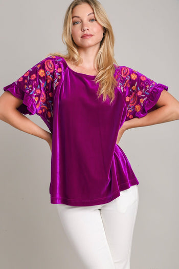Umgee Velvet Top with Embroidery Sleeves in Violet Shirts & Tops Umgee   