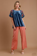 Umgee Velvet Top with Embroidery Sleeves in Navy Shirts & Tops Umgee   