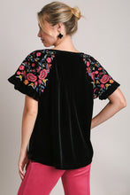 Load image into Gallery viewer, Umgee Velvet Top with Embroidery Sleeves in Black Shirts &amp; Tops Umgee   
