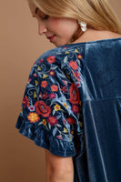 Umgee Velvet Top with Embroidery Sleeves in Navy Shirts & Tops Umgee   