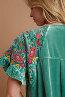 Umgee Velvet Top with Embroidery Sleeves in Dusty Mint Shirts & Tops Umgee   