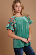 Load image into Gallery viewer, Umgee Velvet Top with Embroidery Sleeves in Dusty Mint Shirts &amp; Tops Umgee   
