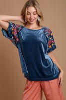 Umgee Velvet Top with Embroidery Sleeves in Navy Shirts & Tops Umgee   