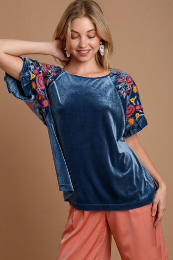 Umgee Velvet Top with Embroidery Sleeves in Navy Shirts & Tops Umgee   