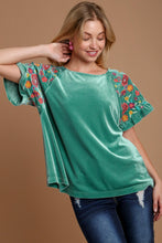Load image into Gallery viewer, Umgee Velvet Top with Embroidery Sleeves in Dusty Mint Shirts &amp; Tops Umgee   
