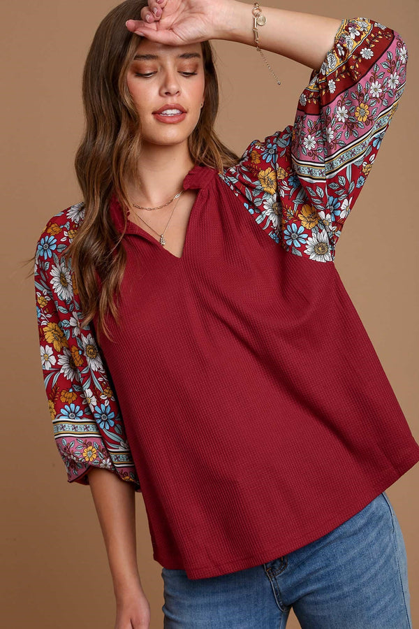 Umgee Thermal Waffle Knit Top with Floral Sleeves in Wine Shirts & Tops Umgee   