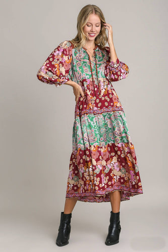 Umgee Mismatched Floral Print Midi Dress in Green Dresses Umgee   