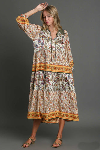 Umgee Mismatched Floral Print Midi Dress in Cream Dresses Umgee   