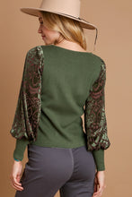 Load image into Gallery viewer, Umgee Ribbed Body Top with Floral Velvet Burnout Sleeves in Olive Shirts &amp; Tops Umgee   
