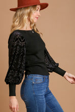 Load image into Gallery viewer, Umgee Ribbed Body Top with Floral Velvet Burnout Sleeves in Black Shirts &amp; Tops Umgee   
