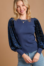 Load image into Gallery viewer, Umgee Ribbed Body Top with Floral Velvet Burnout Sleeves in Navy Shirts &amp; Tops Umgee   
