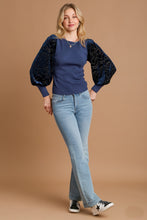 Load image into Gallery viewer, Umgee Ribbed Body Top with Floral Velvet Burnout Sleeves in Navy Shirts &amp; Tops Umgee   
