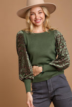 Load image into Gallery viewer, Umgee Ribbed Body Top with Floral Velvet Burnout Sleeves in Olive Shirts &amp; Tops Umgee   
