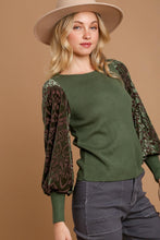 Load image into Gallery viewer, Umgee Ribbed Body Top with Floral Velvet Burnout Sleeves in Olive Shirts &amp; Tops Umgee   
