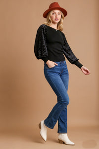 Umgee Ribbed Body Top with Floral Velvet Burnout Sleeves in Black Shirts & Tops Umgee   