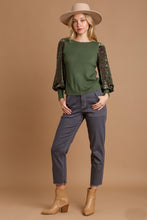 Load image into Gallery viewer, Umgee Ribbed Body Top with Floral Velvet Burnout Sleeves in Olive Shirts &amp; Tops Umgee   
