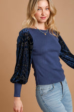 Load image into Gallery viewer, Umgee Ribbed Body Top with Floral Velvet Burnout Sleeves in Navy Shirts &amp; Tops Umgee   
