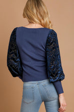 Load image into Gallery viewer, Umgee Ribbed Body Top with Floral Velvet Burnout Sleeves in Navy Shirts &amp; Tops Umgee   
