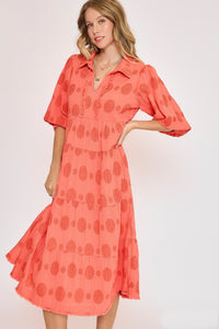 Umgee Solid Dotted Tiered Midi Dress in Coral