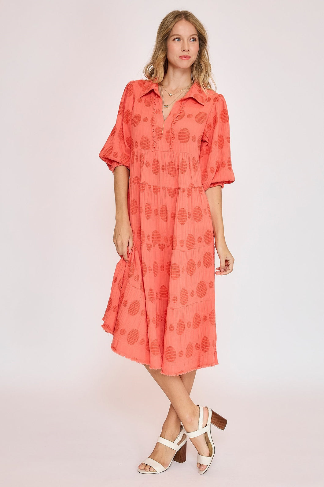 Umgee Solid Dotted Tiered Midi Dress in Coral