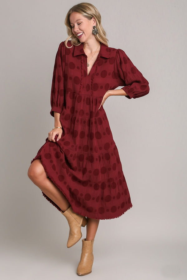 Umgee Solid Dotted Tiered Midi Dress in Wine Dress Umgee   