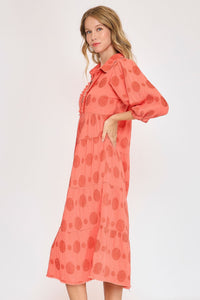 Umgee Solid Dotted Tiered Midi Dress in Coral