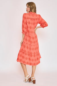 Umgee Solid Dotted Tiered Midi Dress in Coral