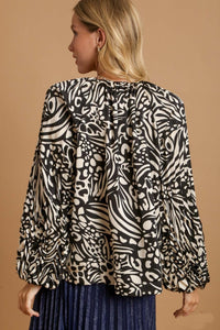 Umgee Animal Print Long Pleated Sleeve Top in Black Mix Shirts & Tops Umgee   